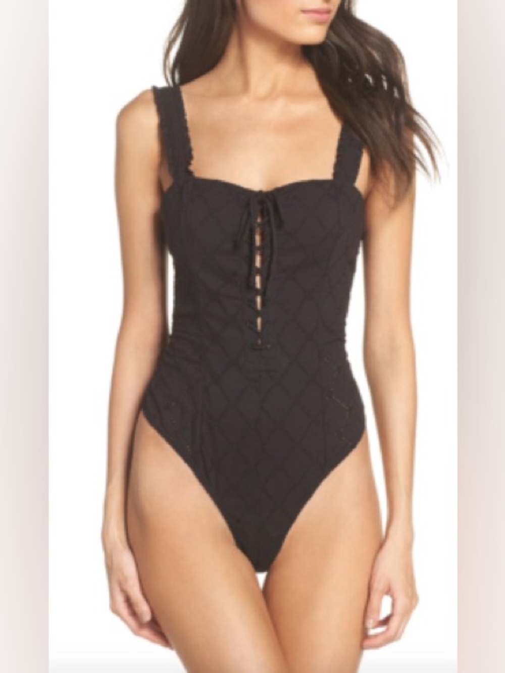 Free People Black Patterned Tie-UpMake Me Up Thong Bodysuit, Size Medium
